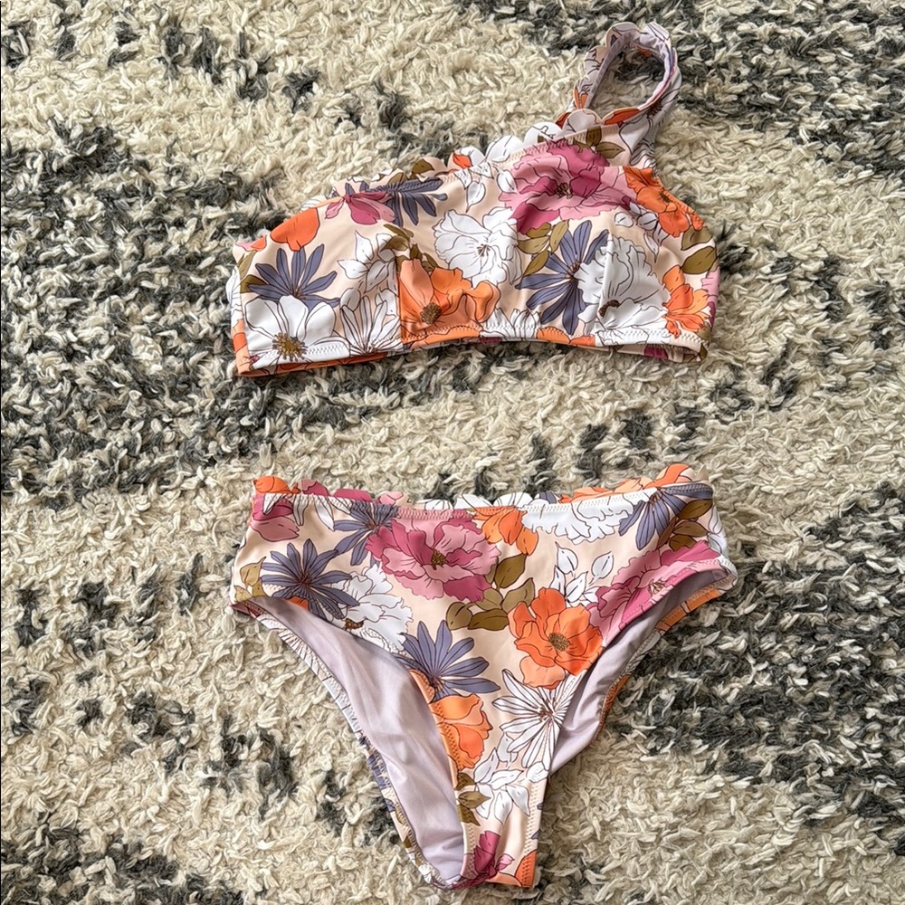 Floral One Shoulder Swim Set Ruffle Trim